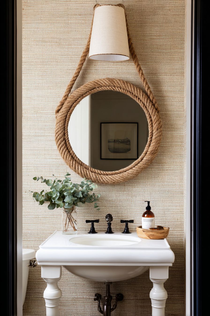 Intimate Powder Room with Grasscloth Wallpaper