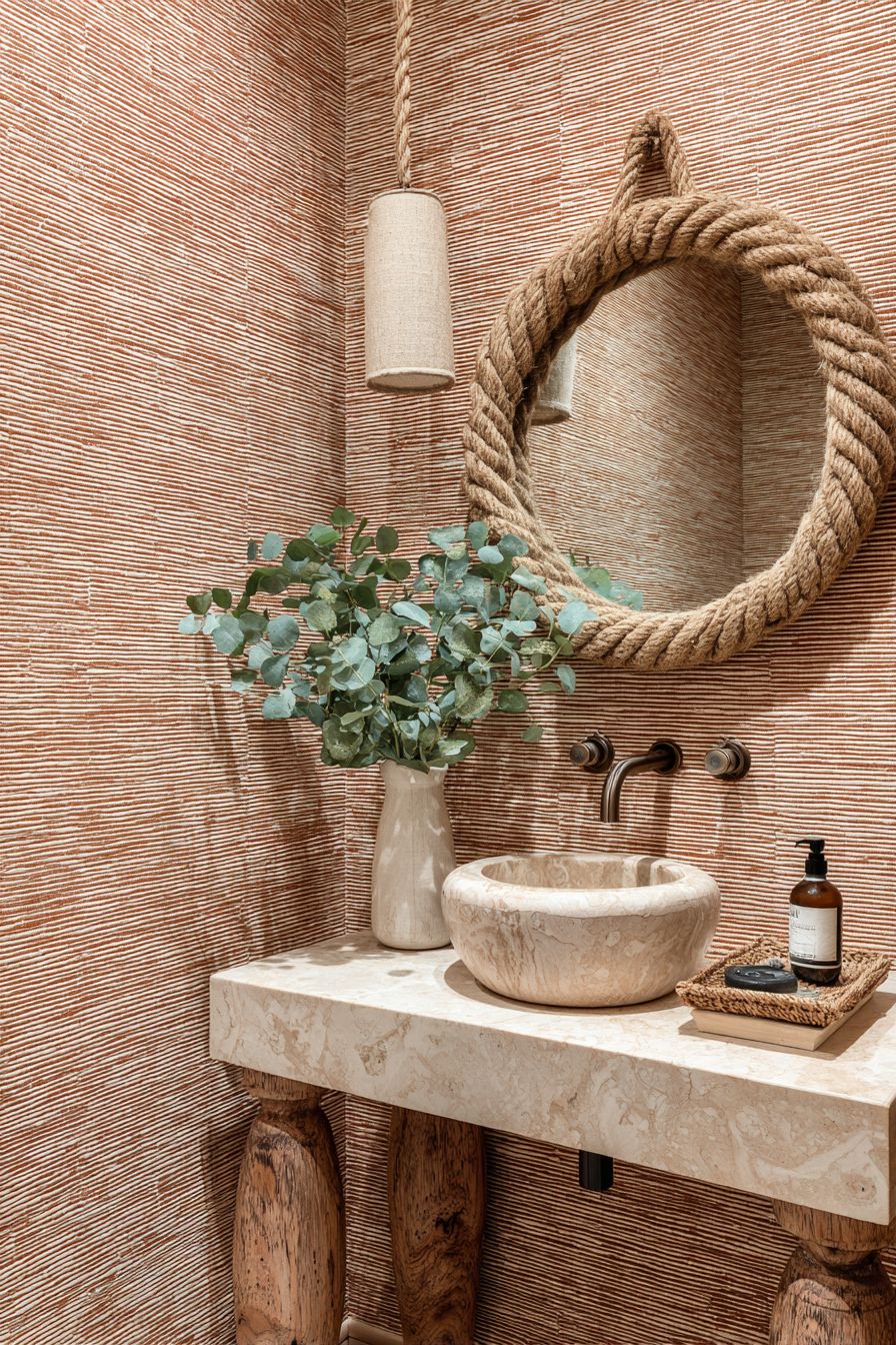 Intimate Powder Room with Grasscloth Wallpaper