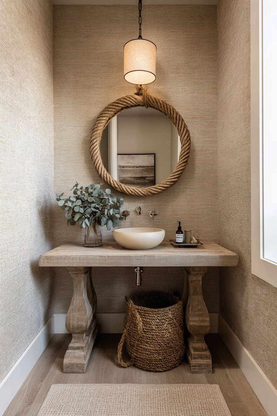 Intimate Powder Room with Grasscloth Wallpaper