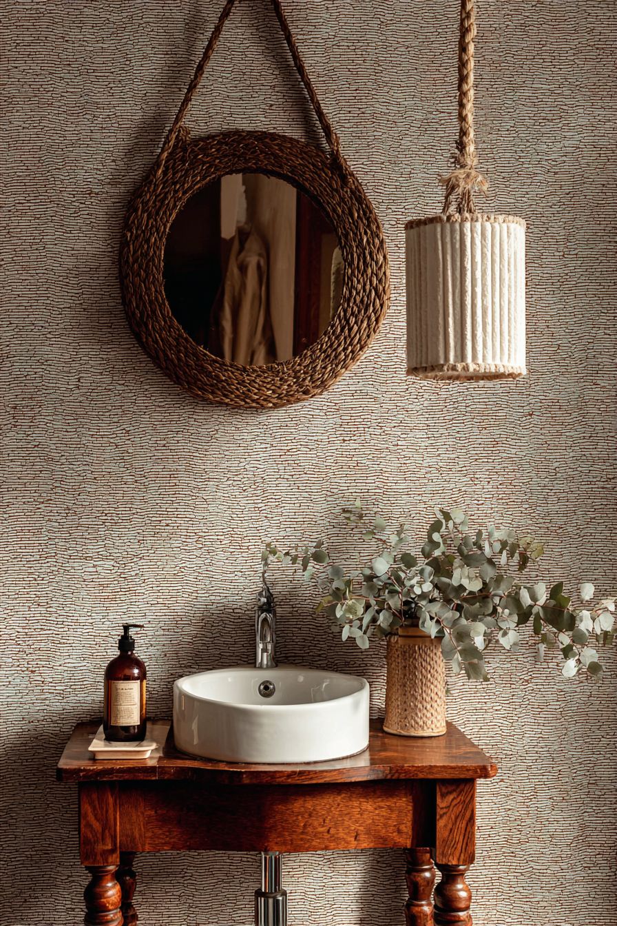 Intimate Powder Room with Grasscloth Wallpaper
