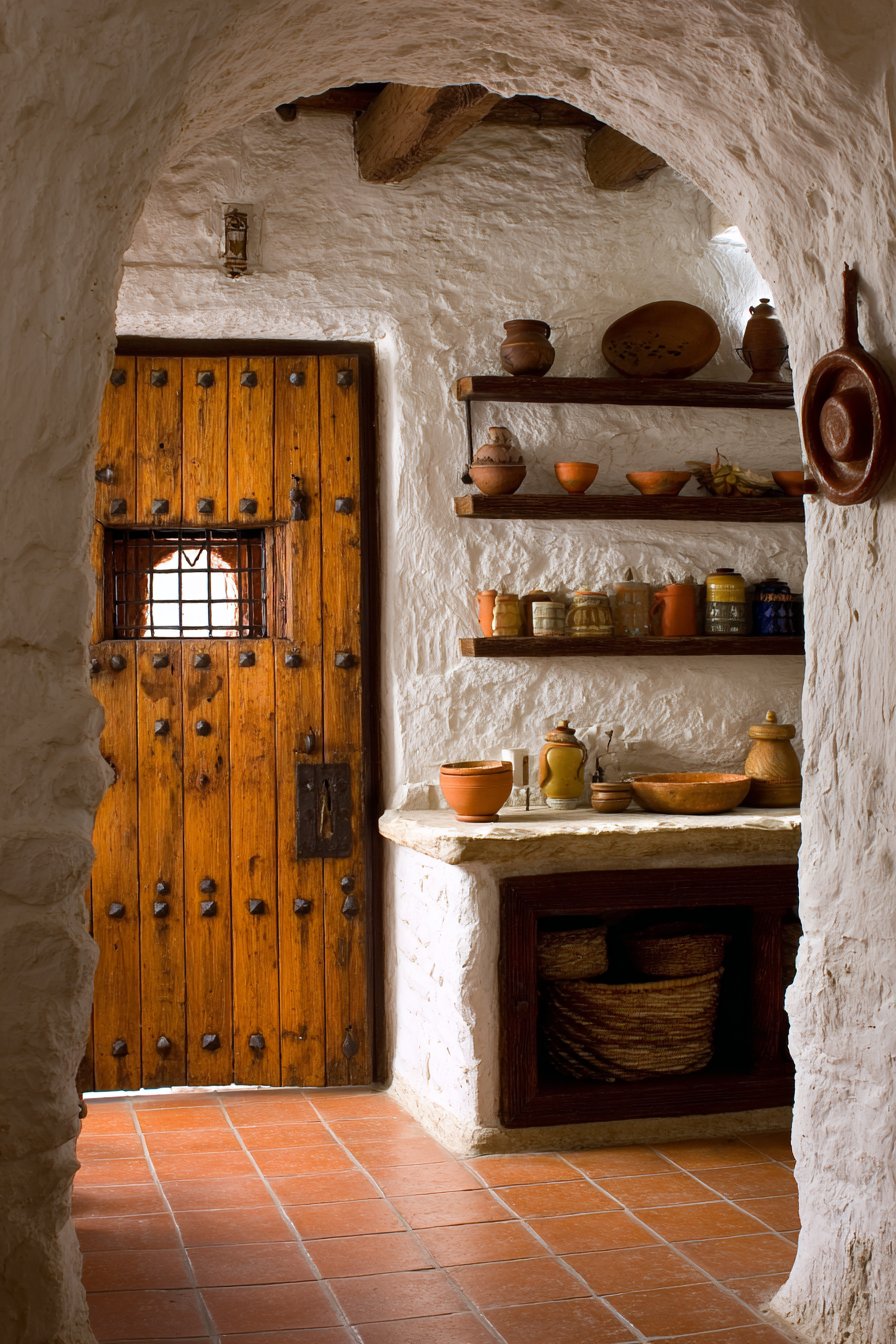Functional Pantry with Carved Doors and Iron Hardware