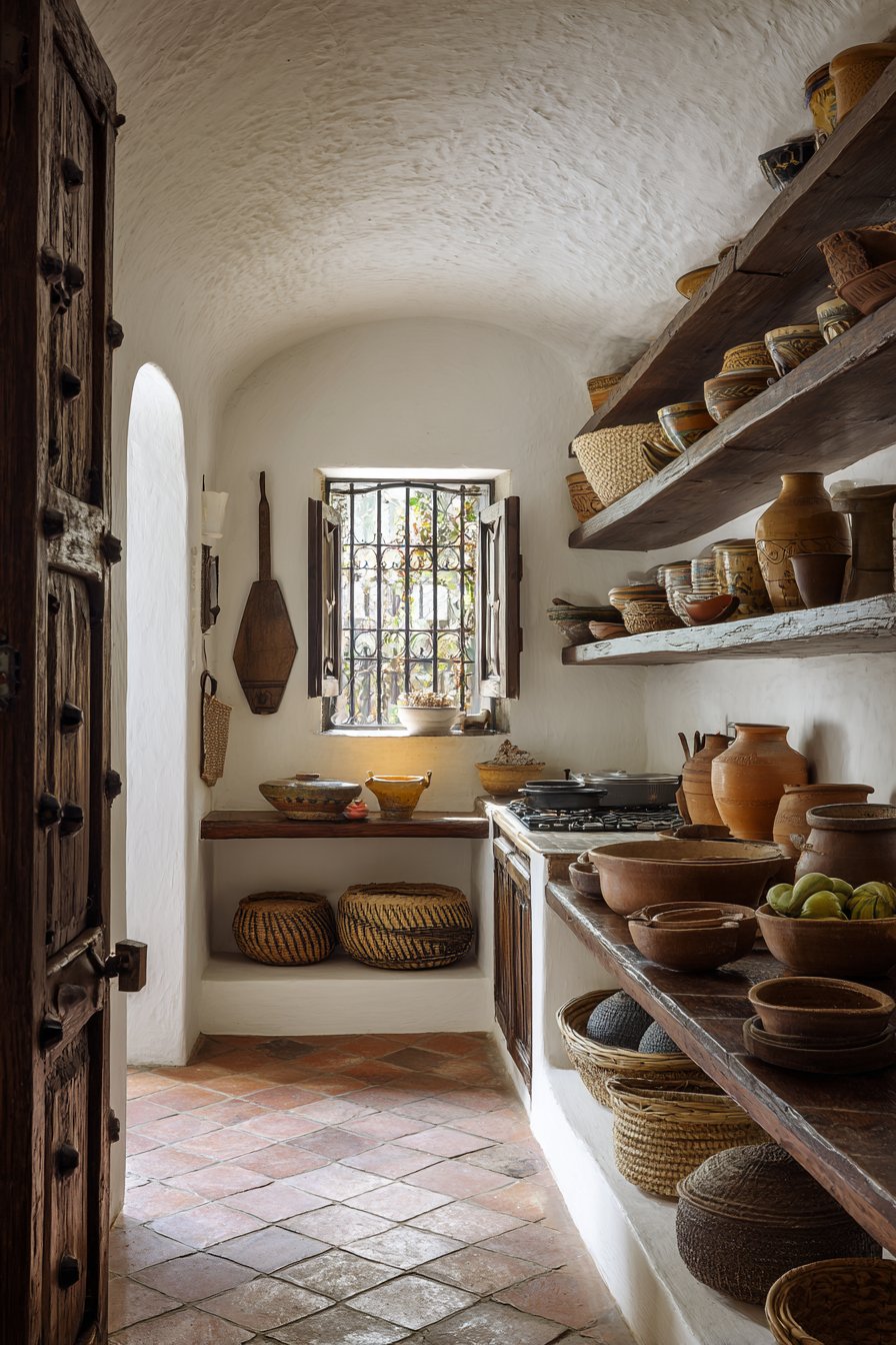 Functional Pantry with Carved Doors and Iron Hardware