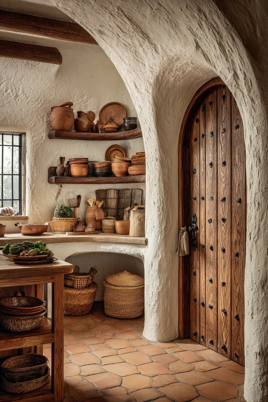 Functional Pantry with Carved Doors and Iron Hardware