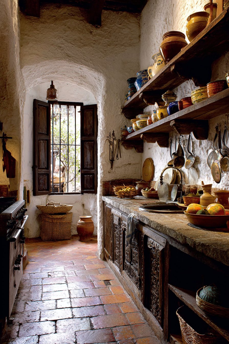 Functional Pantry with Carved Doors and Iron Hardware