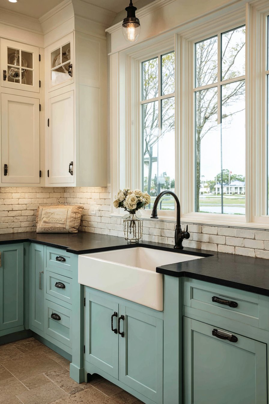Dramatic Two-Tone Mint Green and White Kitchen