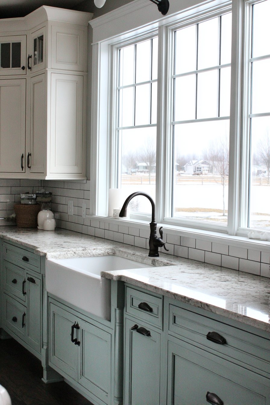 Dramatic Two-Tone Mint Green and White Kitchen