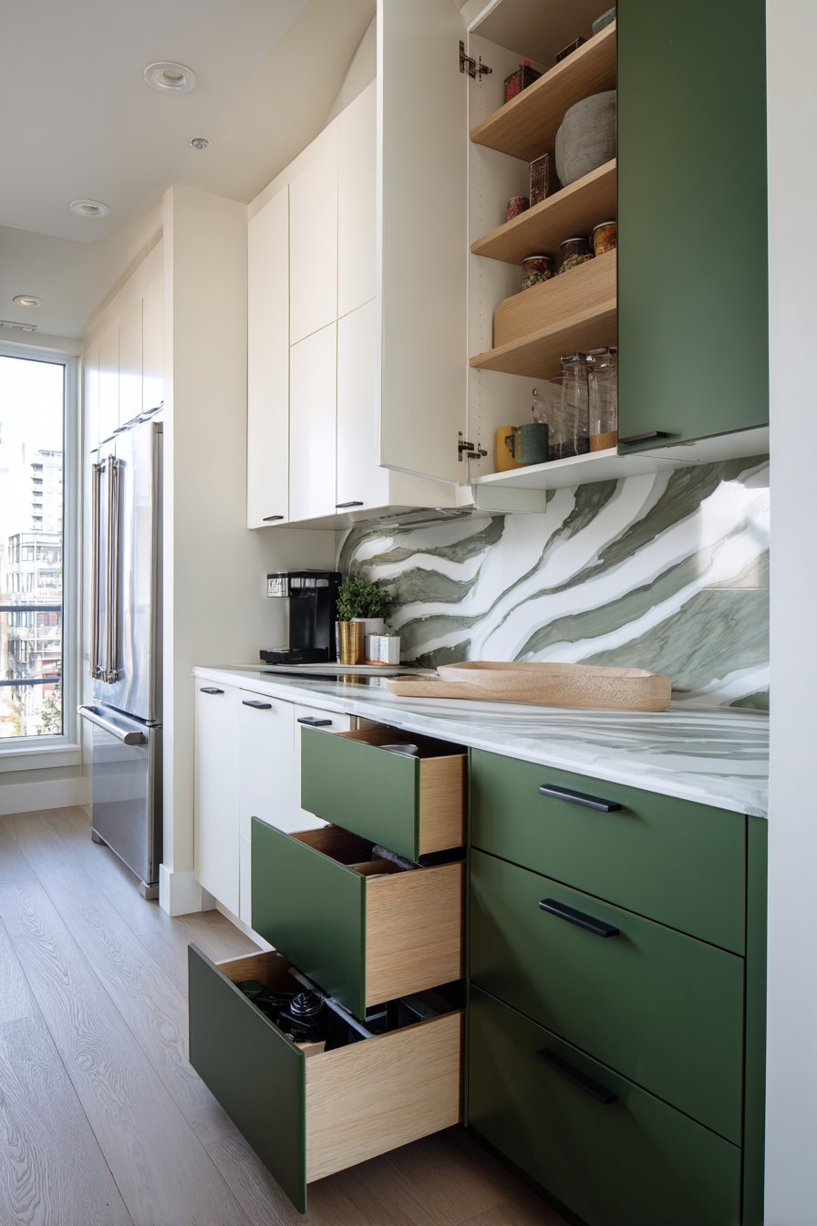 Efficient Galley Kitchen in Cream and Forest Green