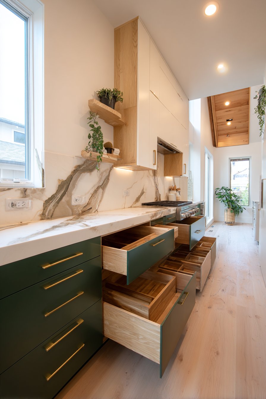 Efficient Galley Kitchen in Cream and Forest Green