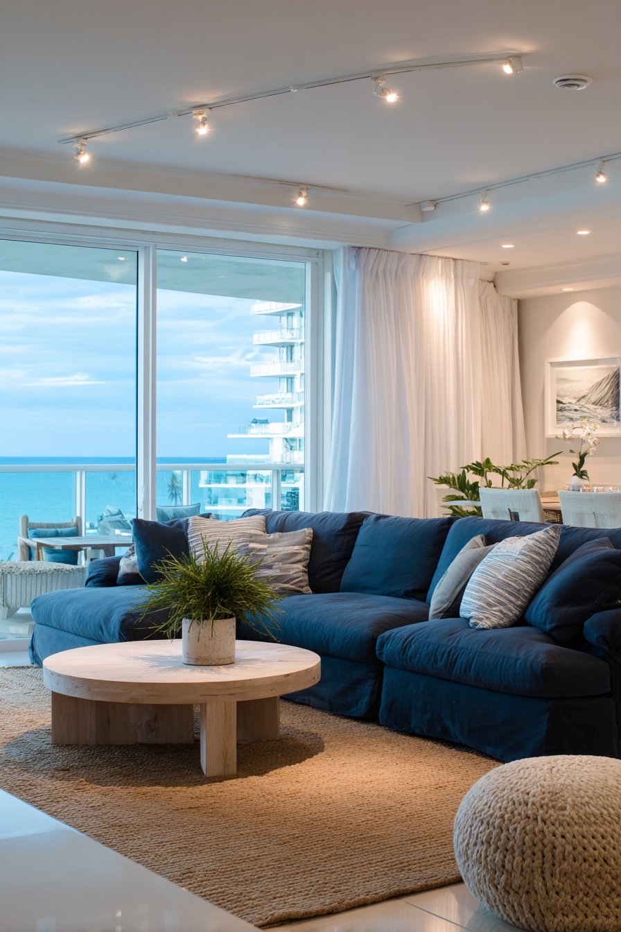 Coastal-Inspired Living Room with Bright Track Illumination