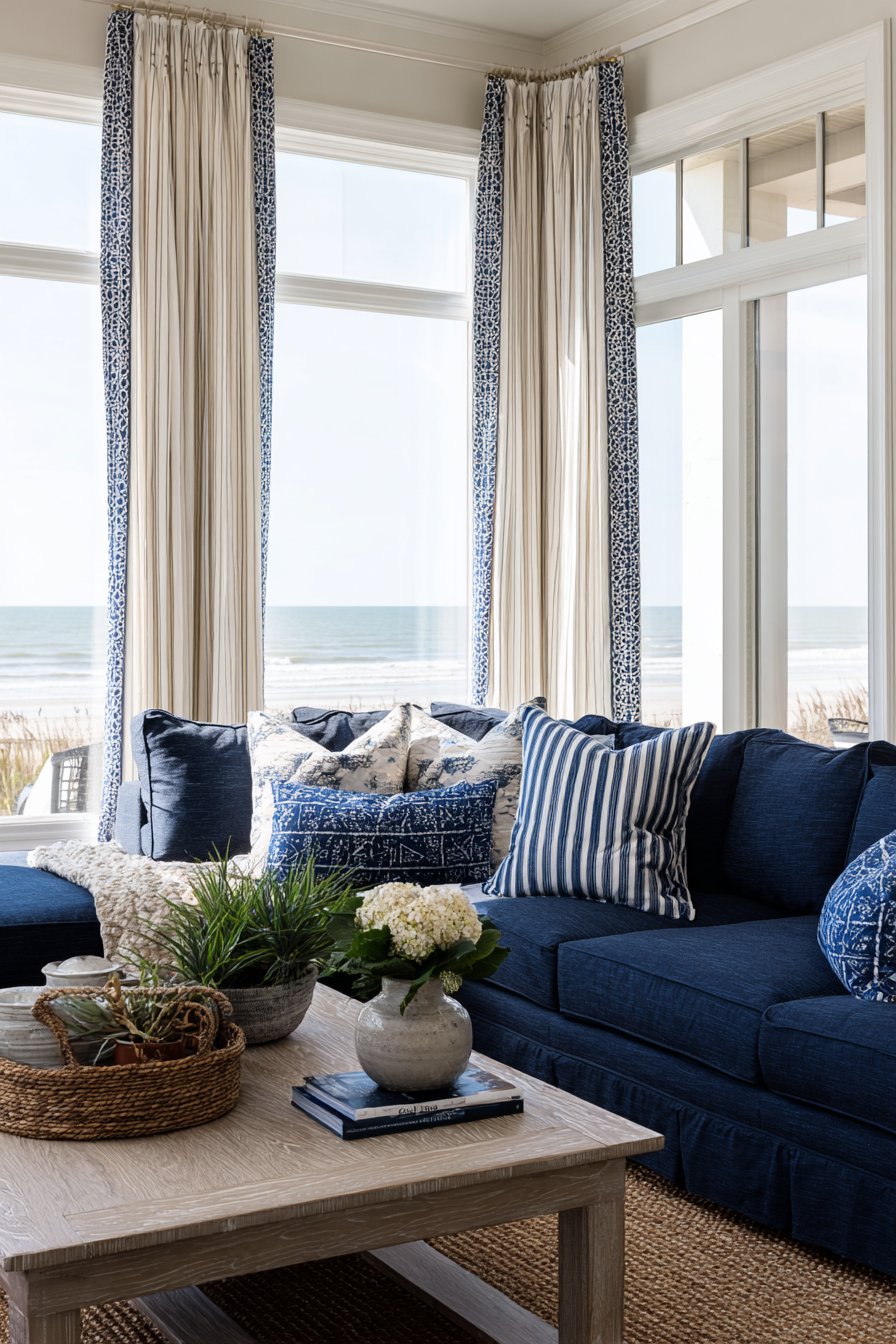 Coastal-Inspired Living Room with Bright Track Illumination