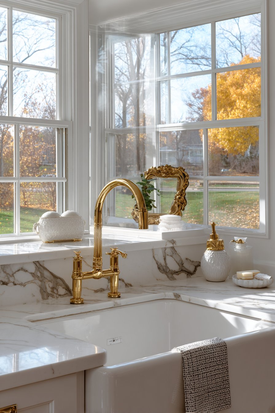 Farmhouse Sink Area with Bridge Faucet
