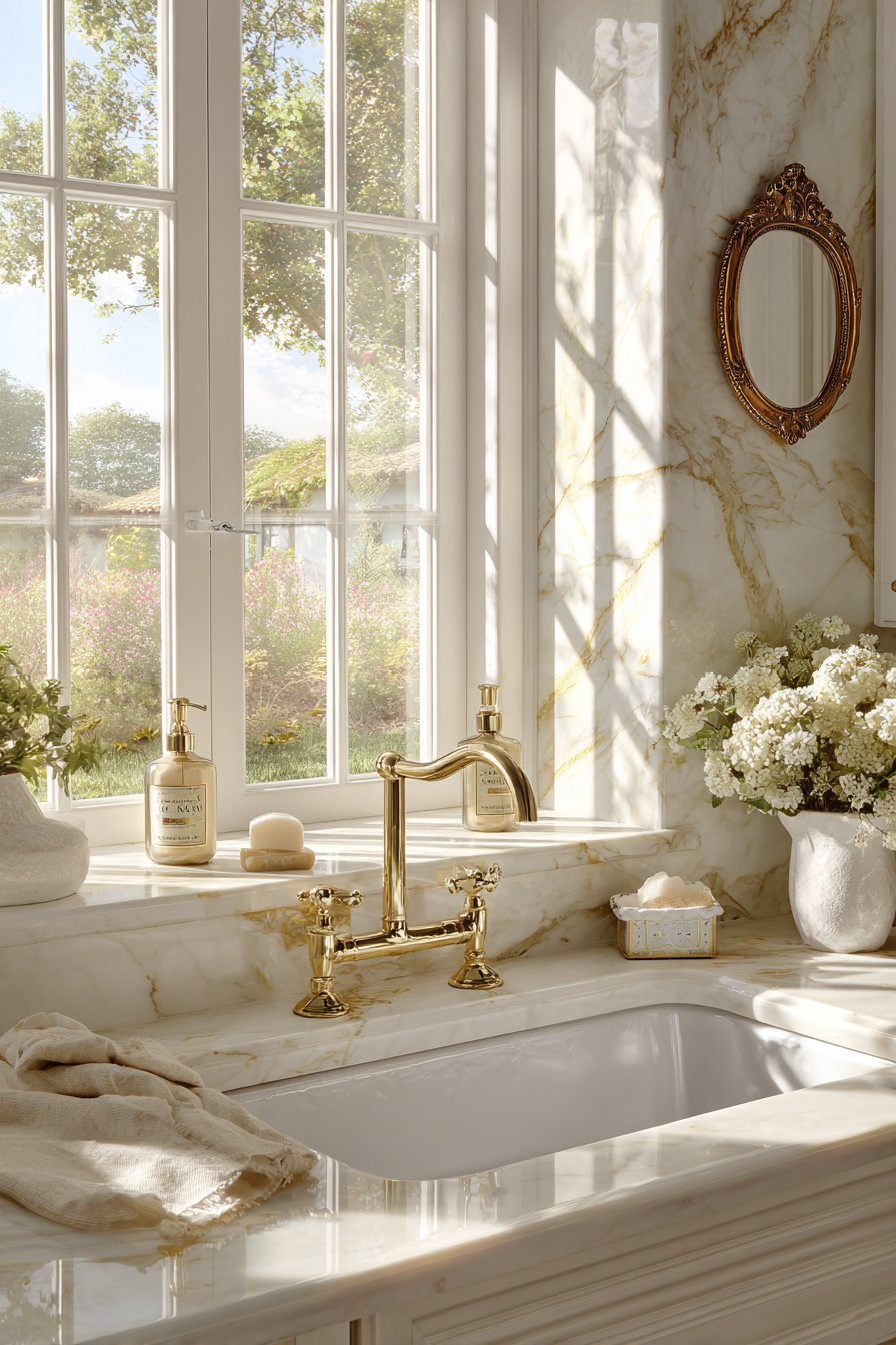 Farmhouse Sink Area with Bridge Faucet