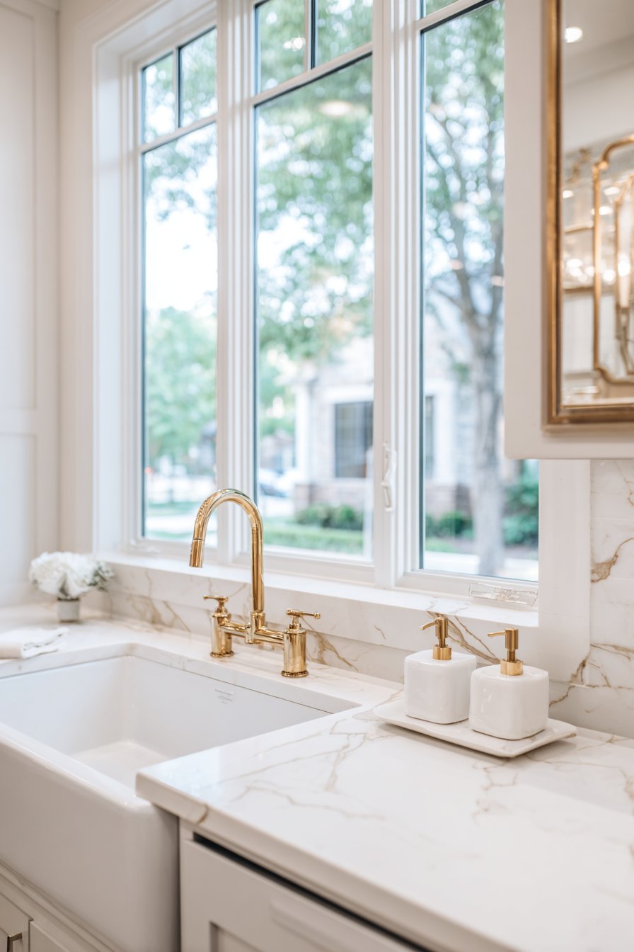 Farmhouse Sink Area with Bridge Faucet