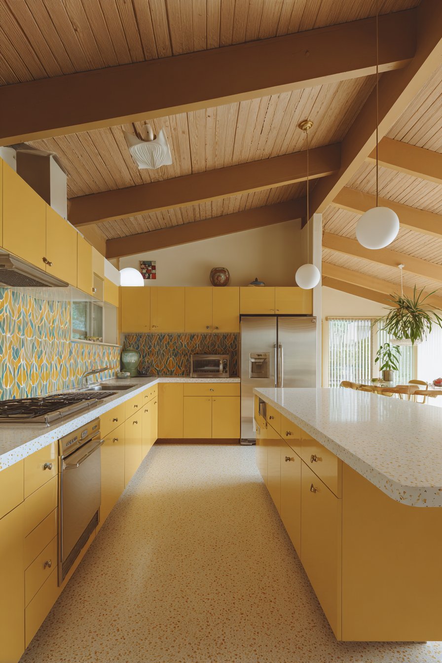 Mid-Century Modern Kitchen with Golden Ochre Yellow Cabinets