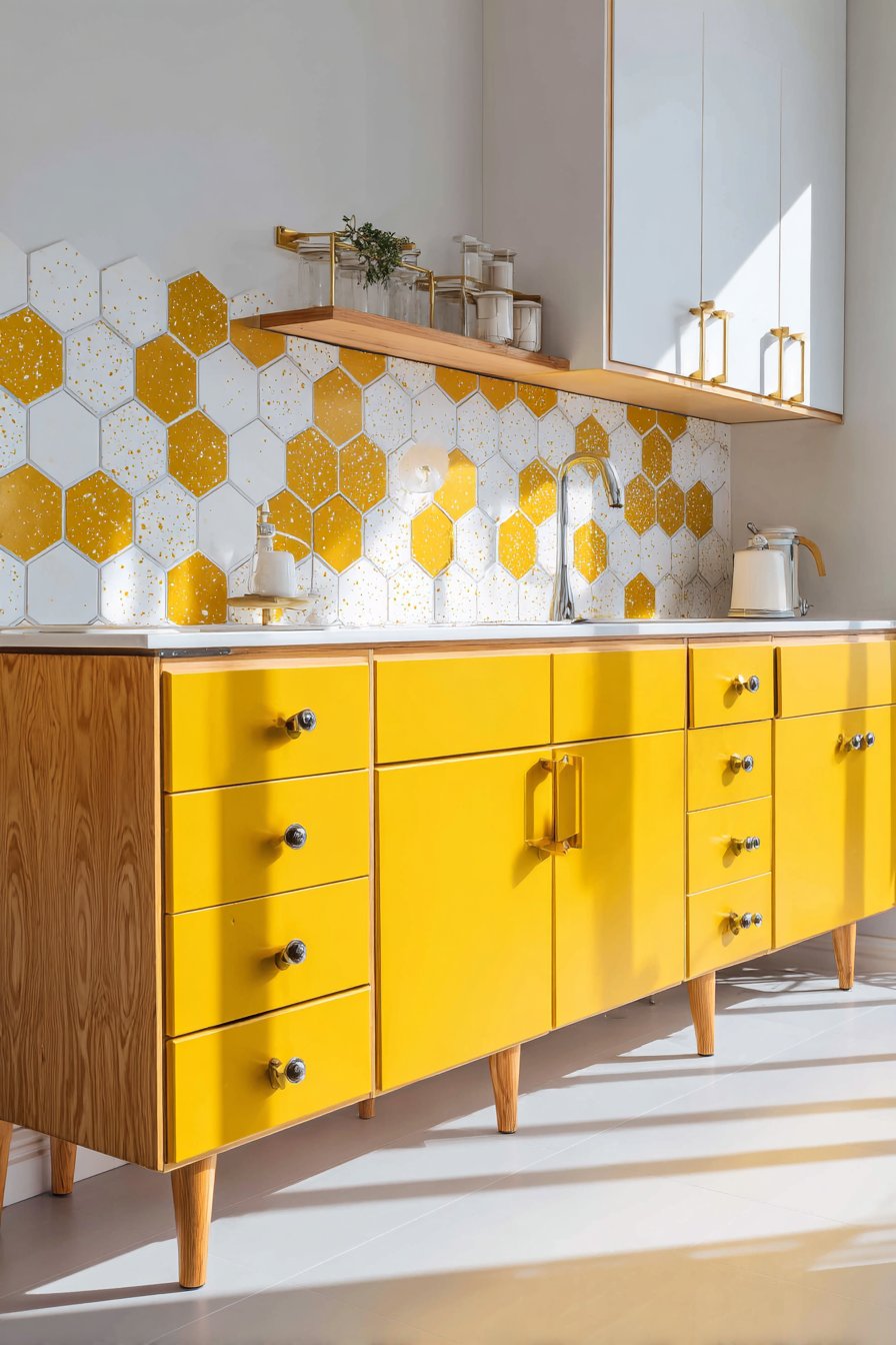 Mid-Century Modern Kitchen with Golden Ochre Yellow Cabinets