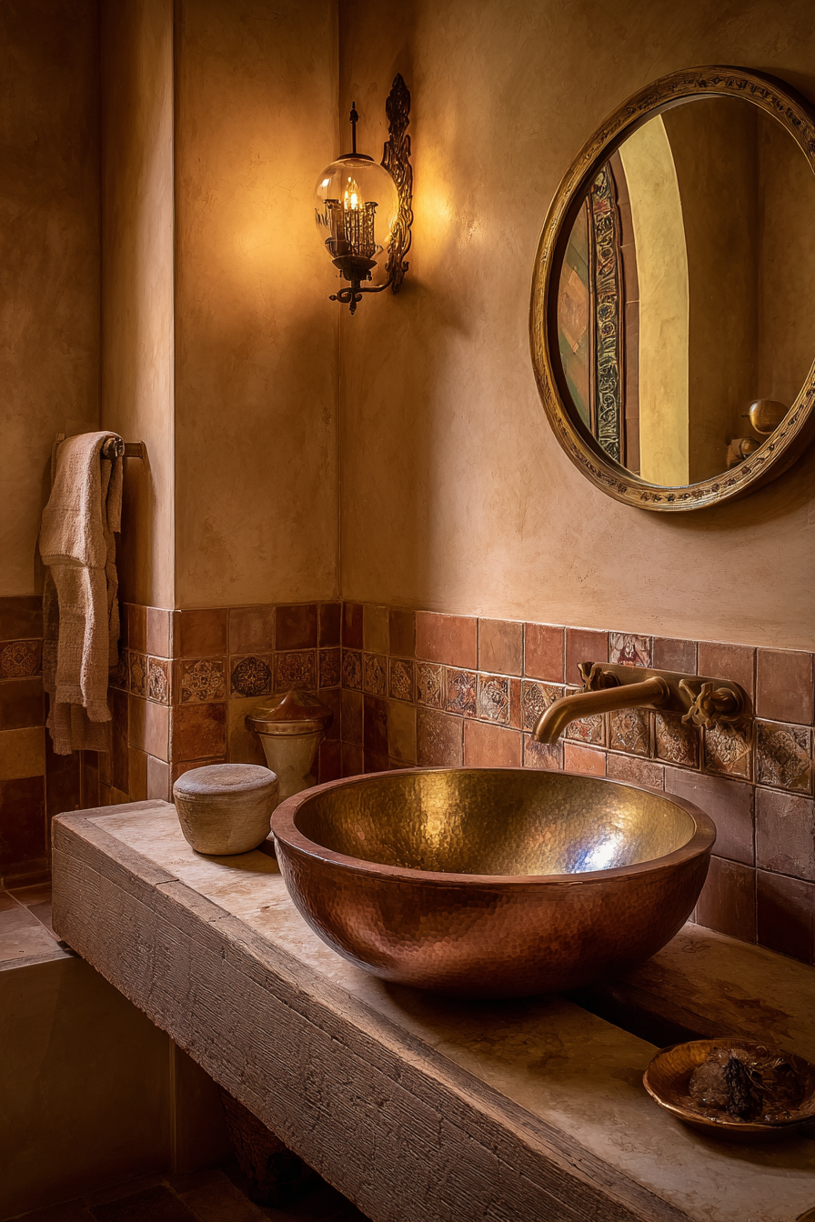 Copper Vessel Sink Powder Room with Zellige Tile Artistry