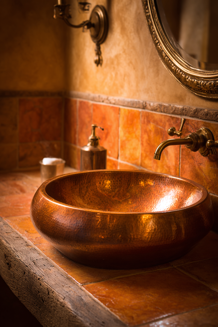 Copper Vessel Sink Powder Room with Zellige Tile Artistry
