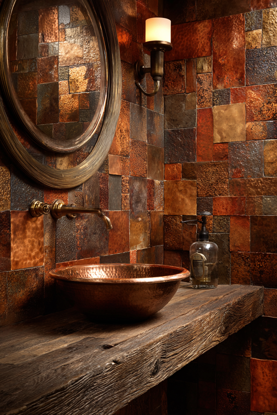 Copper Vessel Sink Powder Room with Zellige Tile Artistry