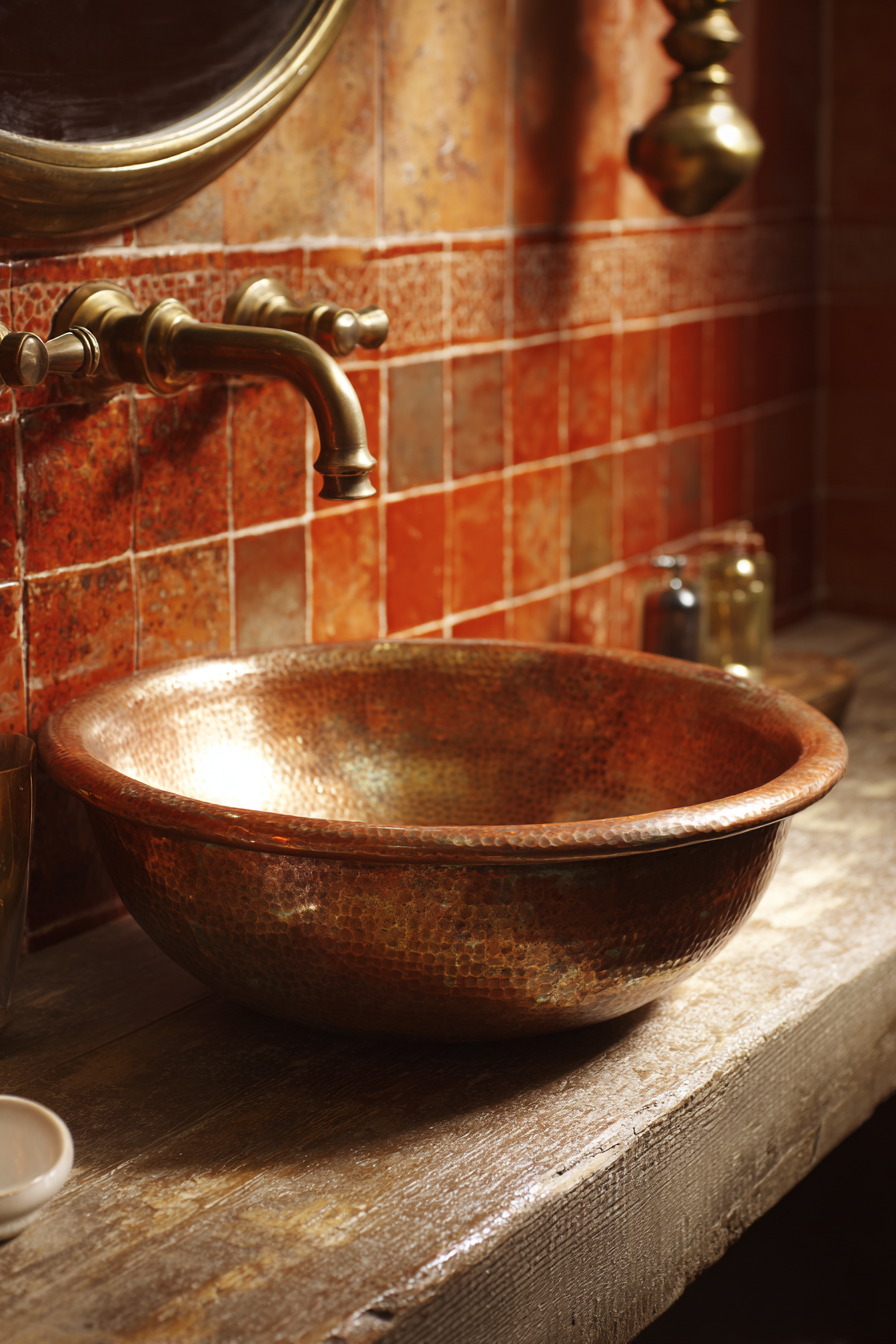 Copper Vessel Sink Powder Room with Zellige Tile Artistry