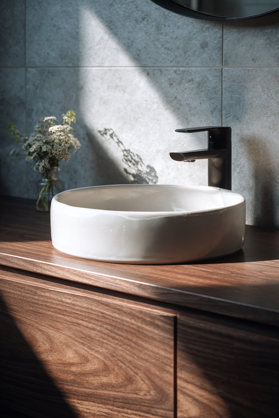 Modern Vessel Sink with Floating Walnut Vanity