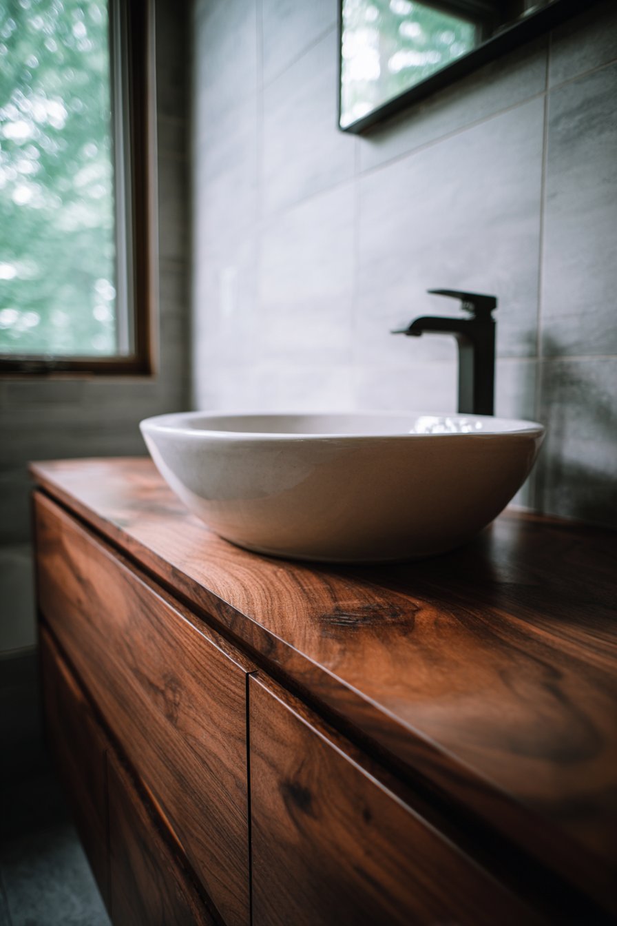 Modern Vessel Sink with Floating Walnut Vanity