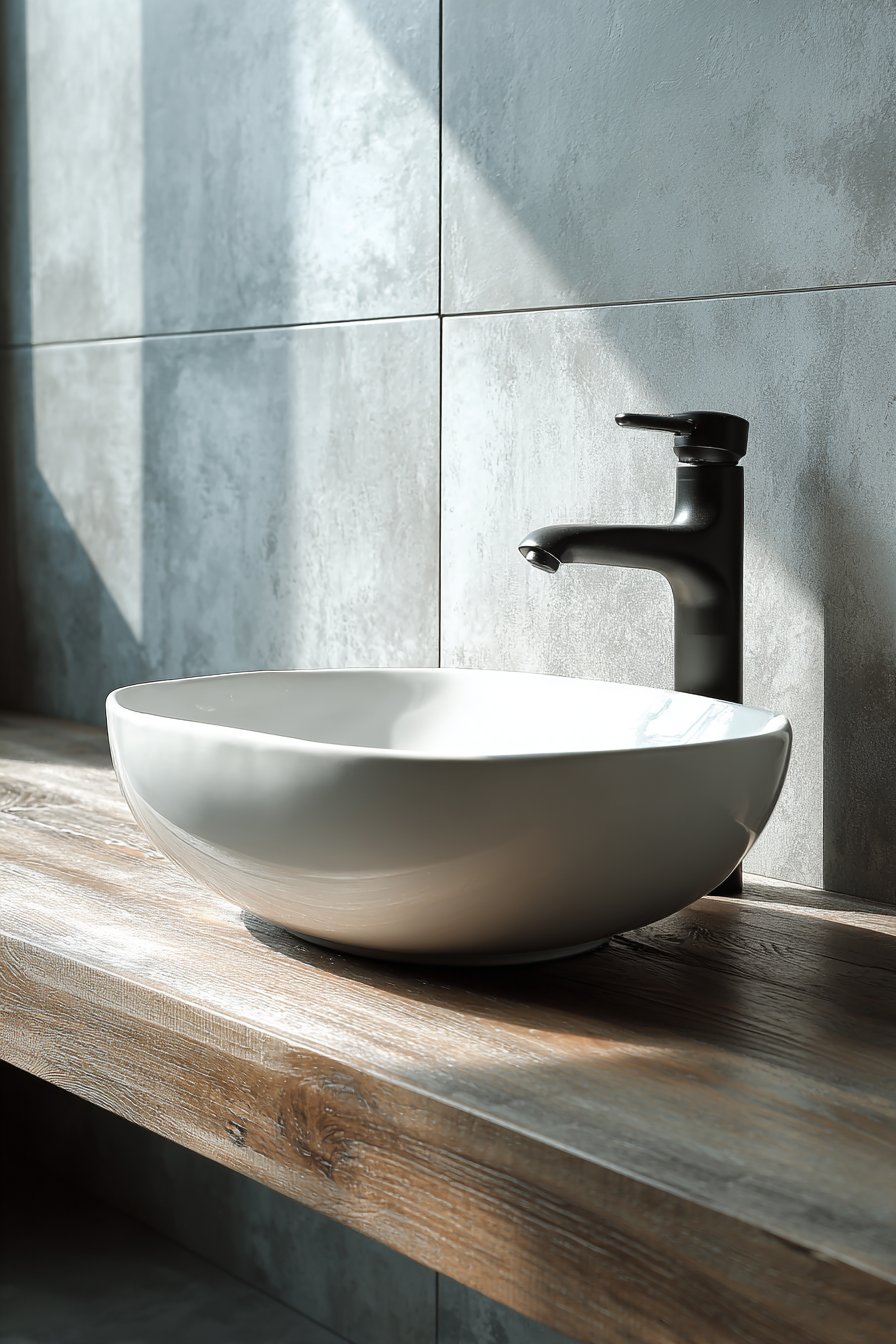 Modern Vessel Sink with Floating Walnut Vanity