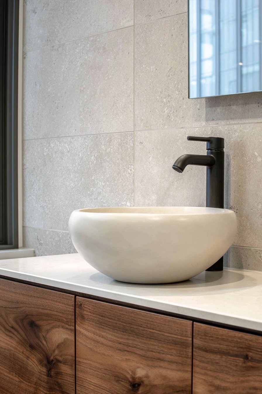 Modern Vessel Sink with Floating Walnut Vanity