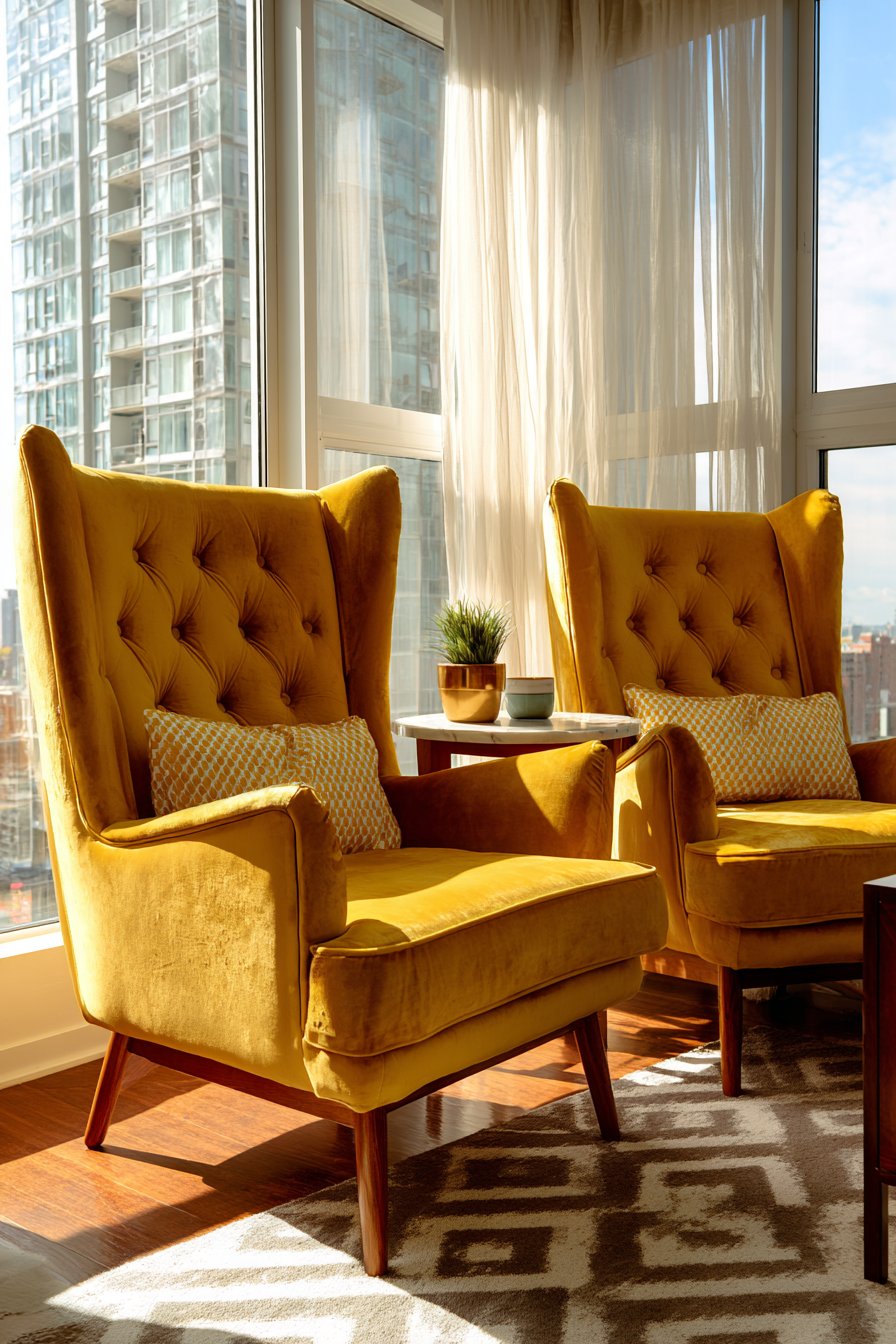  Mid-Century Modern Mustard Velvet Armchairs