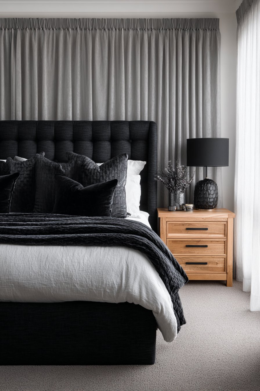 Sophisticated Matte Black Accent Wall with Layered Textures