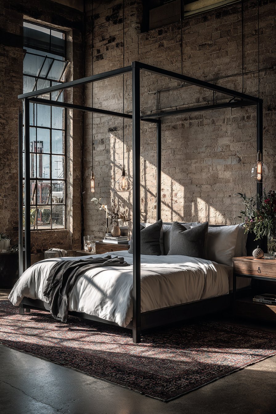 Industrial-Style Master Bedroom with Exposed Brick