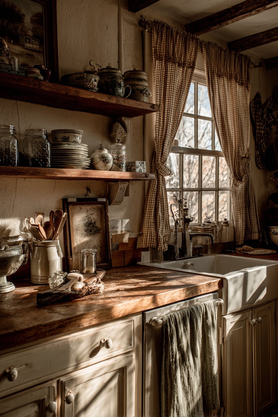 Open Shelving Elegance with Vintage Charm