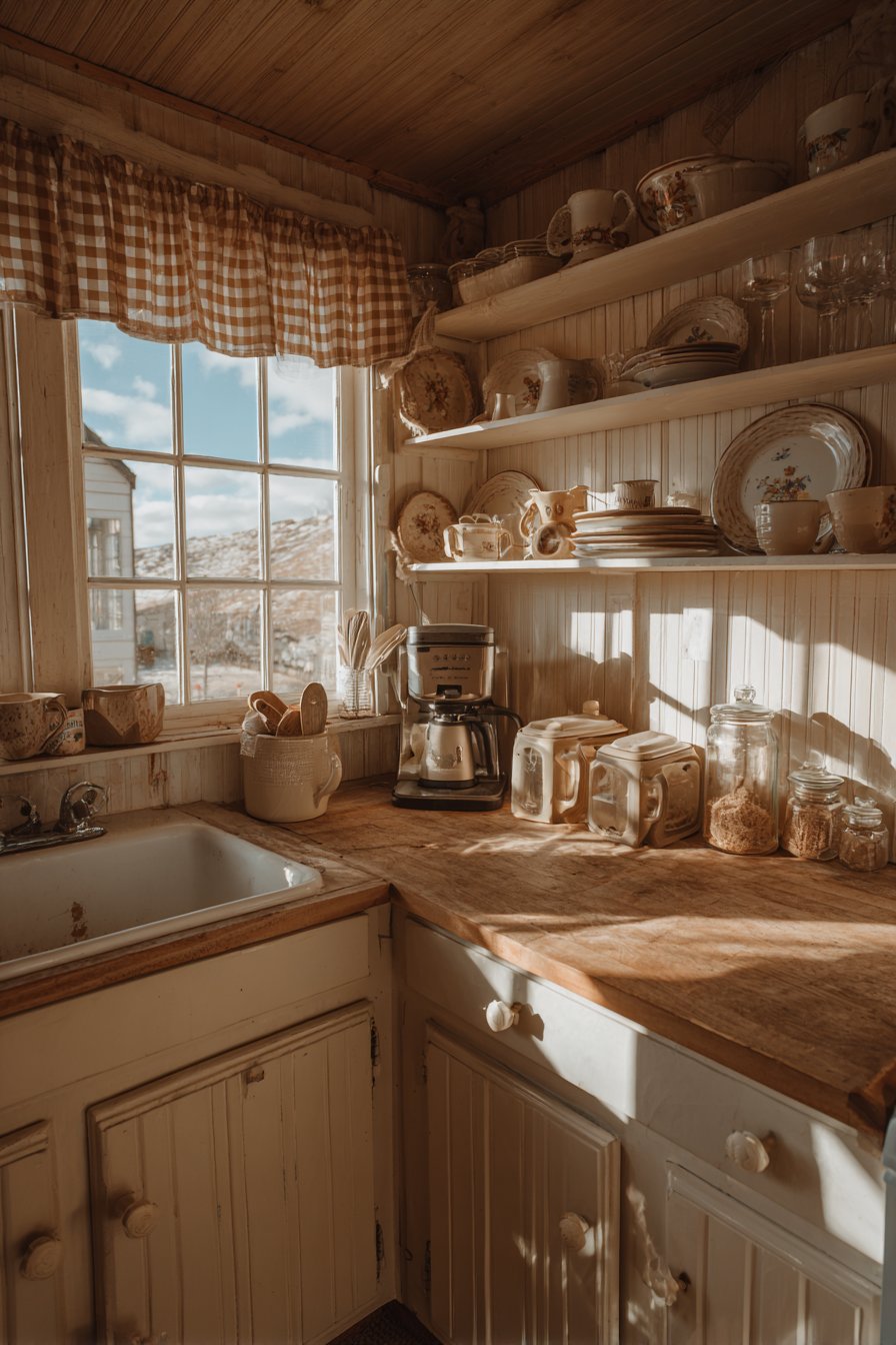 Open Shelving Elegance with Vintage Charm