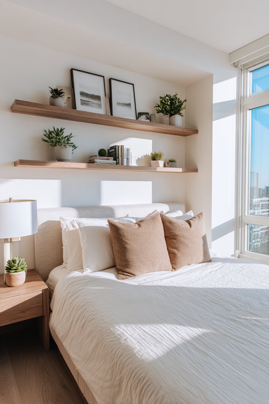 Serene Minimalist Sanctuary with Light Oak Floating Shelves