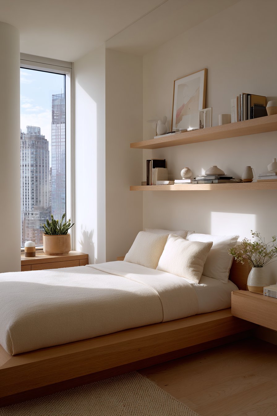 Serene Minimalist Sanctuary with Light Oak Floating Shelves