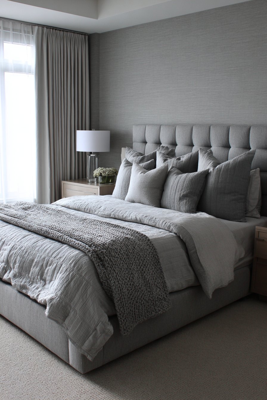 Serene Monochromatic Grey Bedroom with Layered Textures