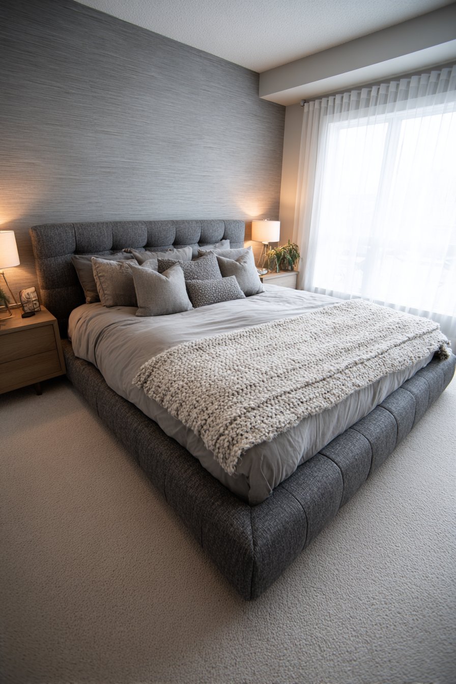 Serene Monochromatic Grey Bedroom with Layered Textures