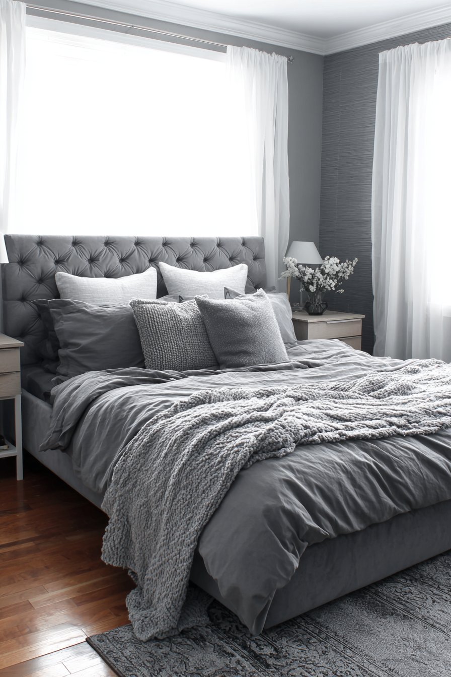 Serene Monochromatic Grey Bedroom with Layered Textures