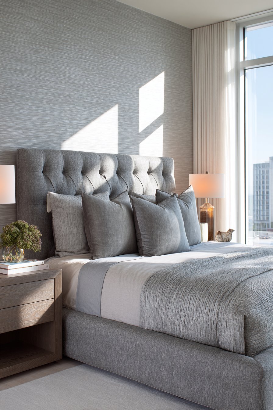 Serene Monochromatic Grey Bedroom with Layered Textures