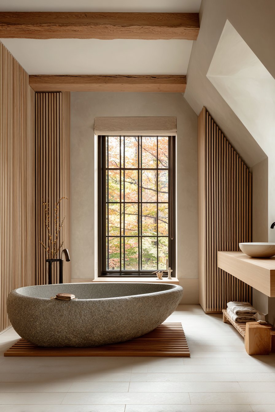 Serene Soaking Sanctuary with Natural Stone Tub