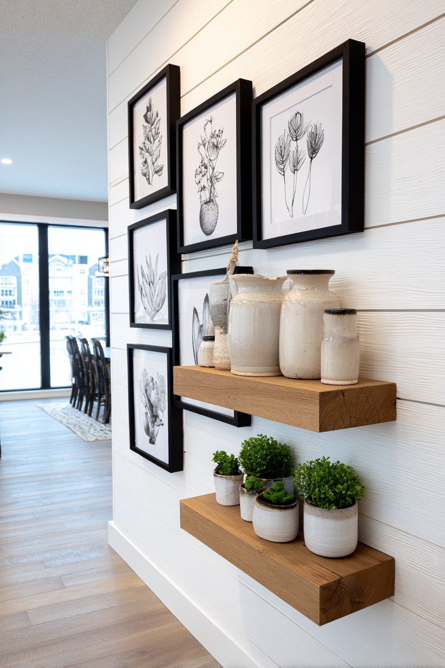 Botanical Gallery Wall with Functional Floating Shelves