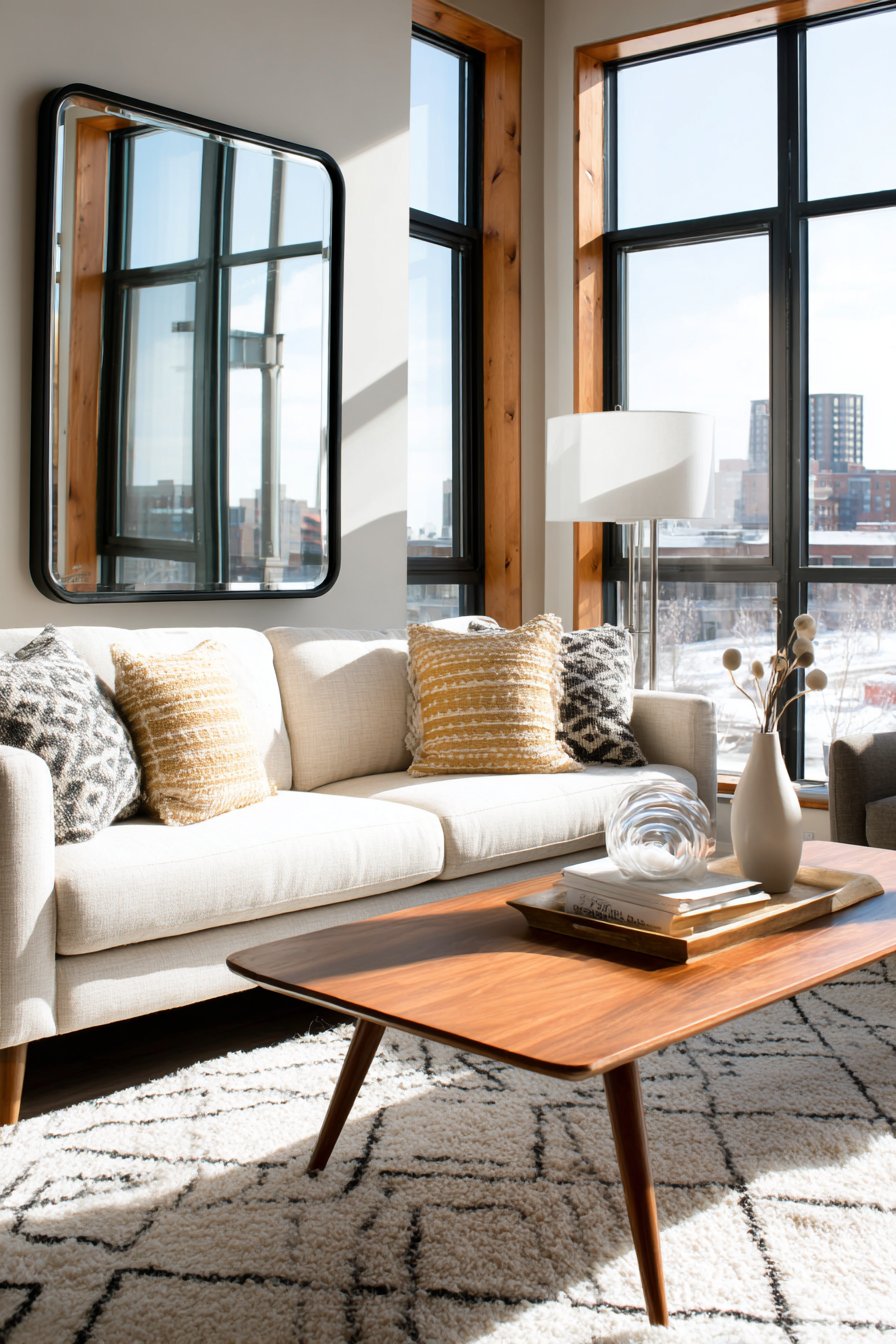 Contemporary Slim-Frame Mirror Above the Sofa