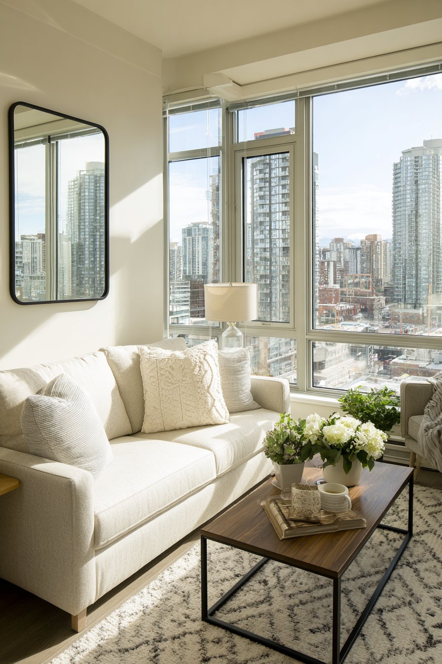 Contemporary Slim-Frame Mirror Above the Sofa