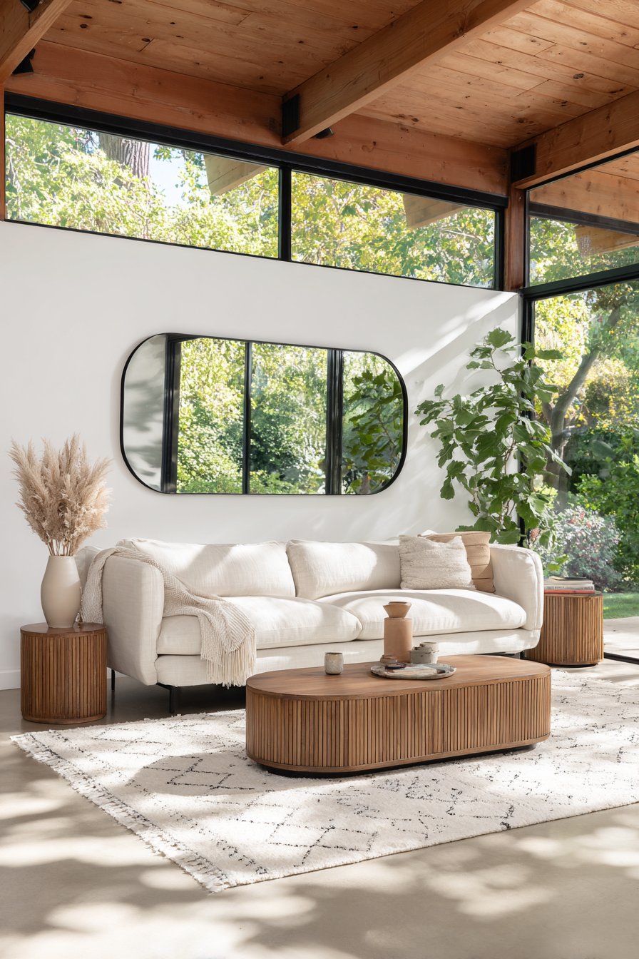 Contemporary Slim-Frame Mirror Above the Sofa