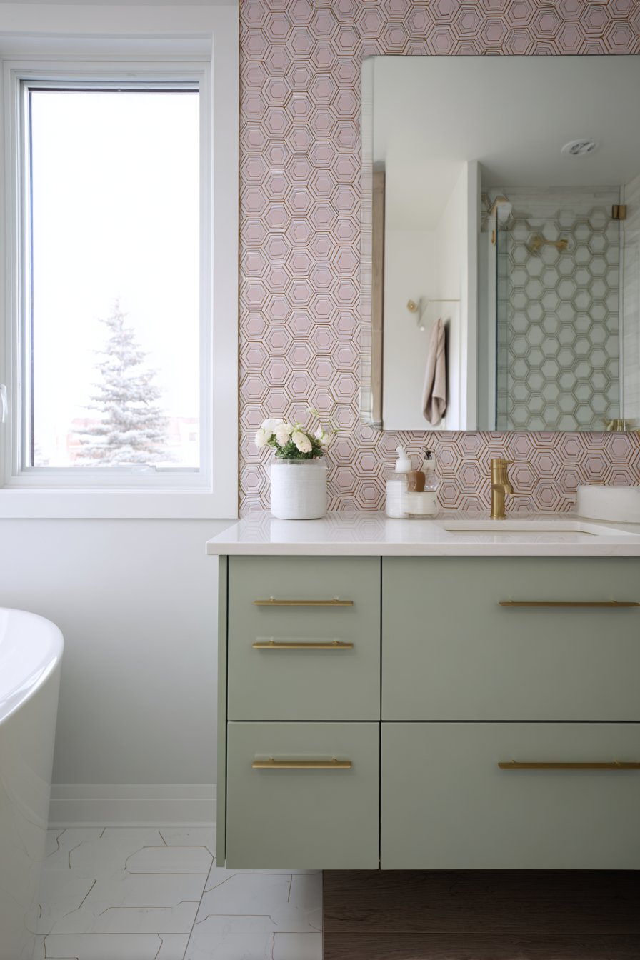 Contemporary Floating Vanity with Soft Sage and Blush Accents