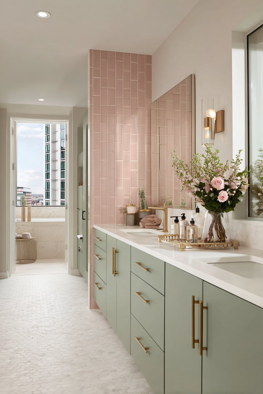 Contemporary Floating Vanity with Soft Sage and Blush Accents