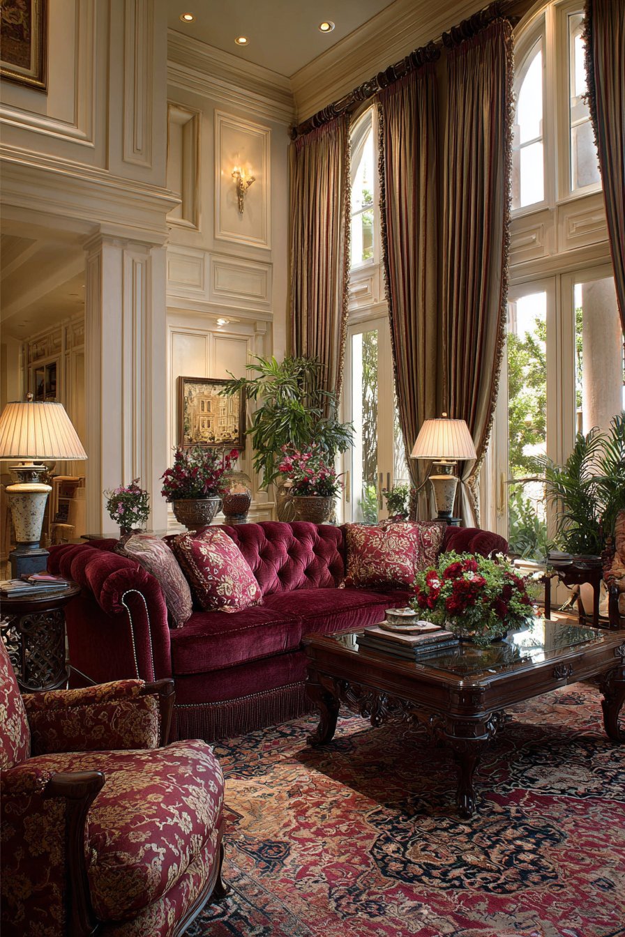 Formal Burgundy Velvet Elegance with Persian Rug Foundation