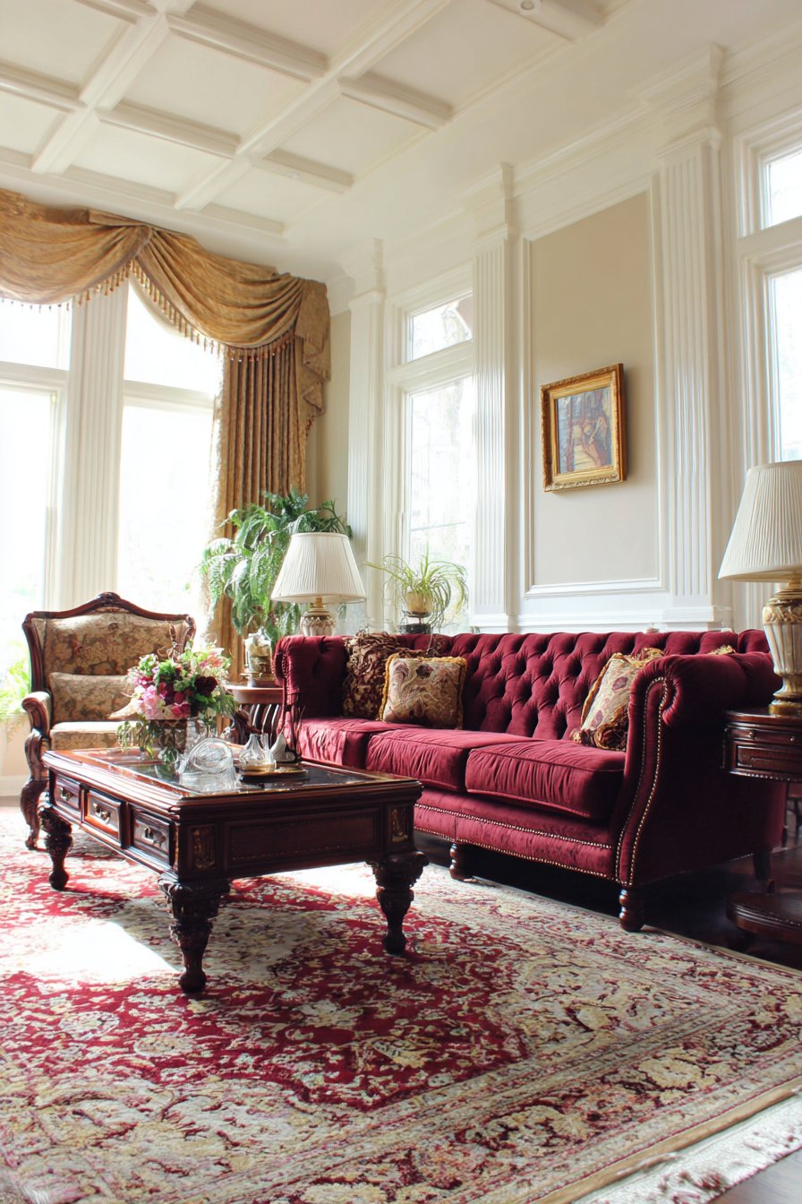 Formal Burgundy Velvet Elegance with Persian Rug Foundation