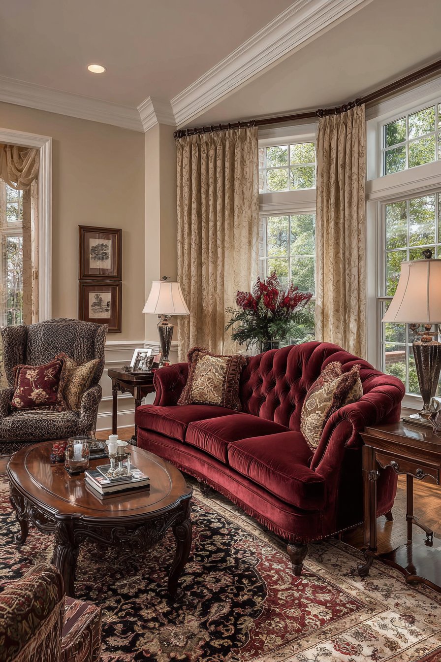 Formal Burgundy Velvet Elegance with Persian Rug Foundation
