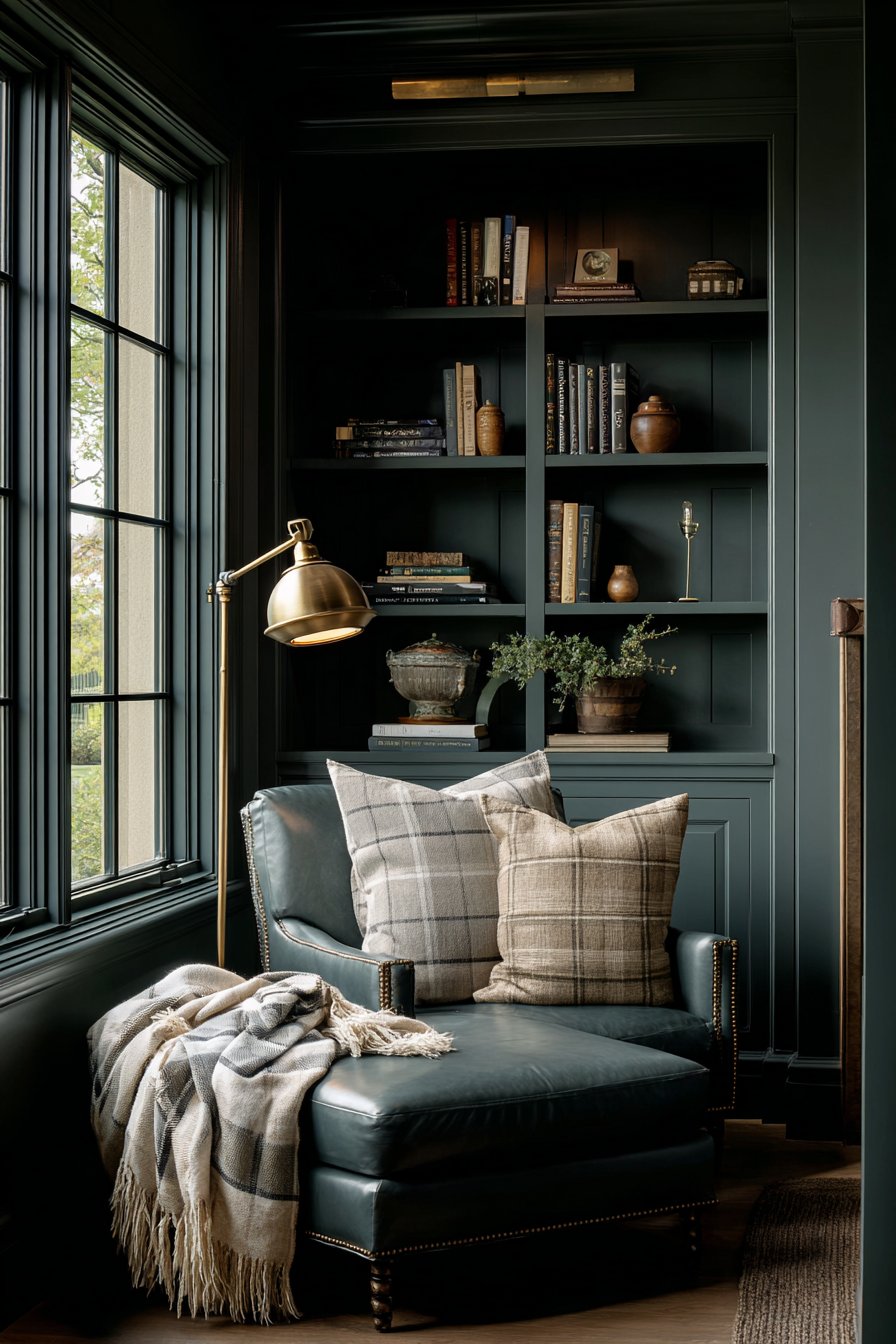 Intimate Reading Corner with Dark Green Leather Details