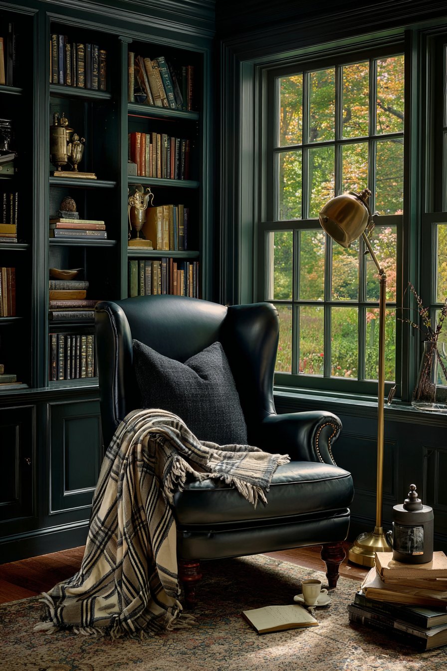 Intimate Reading Corner with Dark Green Leather Details